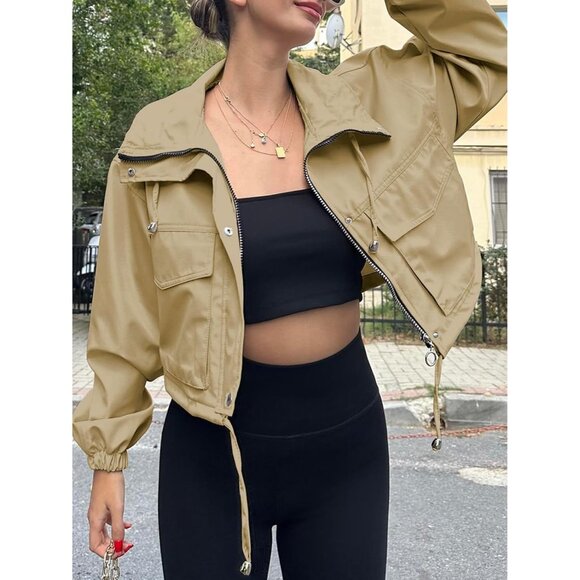 Womens Dark Khaki Tankaneo Cropped Jacket Zip Up Oversized Utility Anorak Coat - Picture 3 of 4